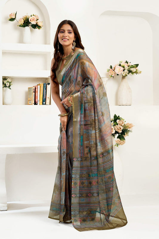 Dwija Fashion Sage Green Party Wear Printed Linen Ready To Wear Saree With Unstitched Blouse