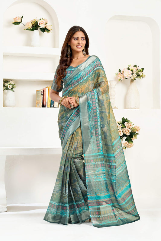 Dwija Fashion Sage Green Party Wear Printed Linen Ready To Wear Saree With Unstitched Blouse