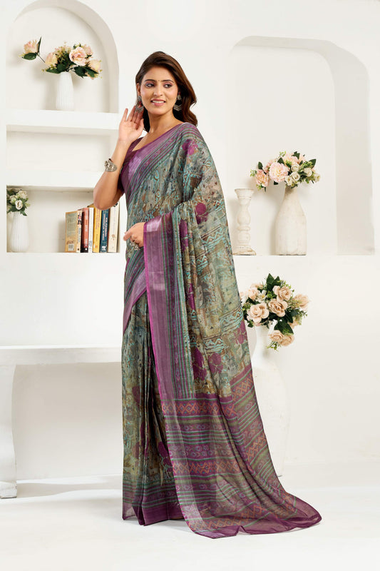 Dwija Fashion Sage Green Party Wear Printed Linen Ready To Wear Saree With Unstitched Blouse