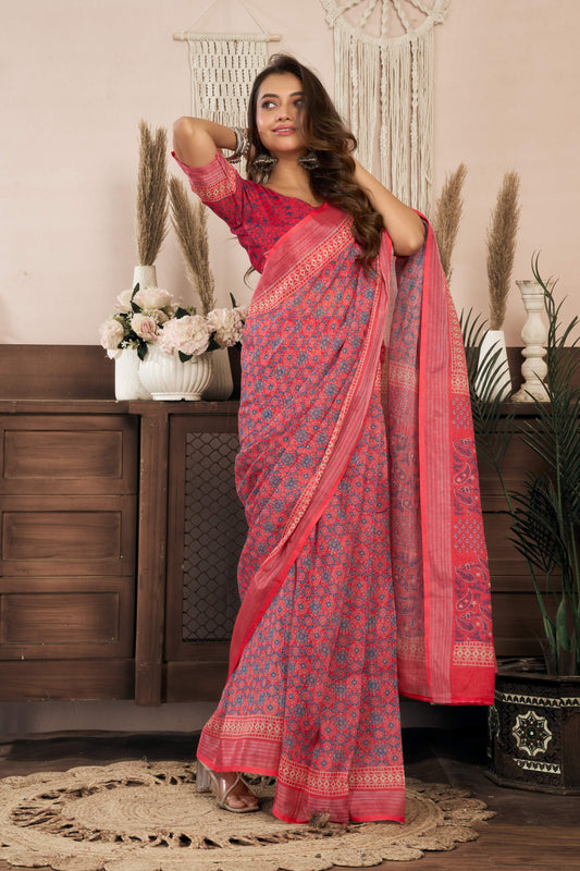 Dwija Fashion Red Party Wear Printed Linen Ready To Wear Saree With Unstitched Blouse