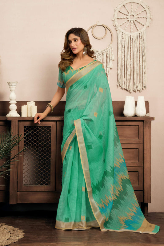 Dwija Fashion Mint Green Party Wear Printed Linen Ready To Wear Saree With Unstitched Blouse