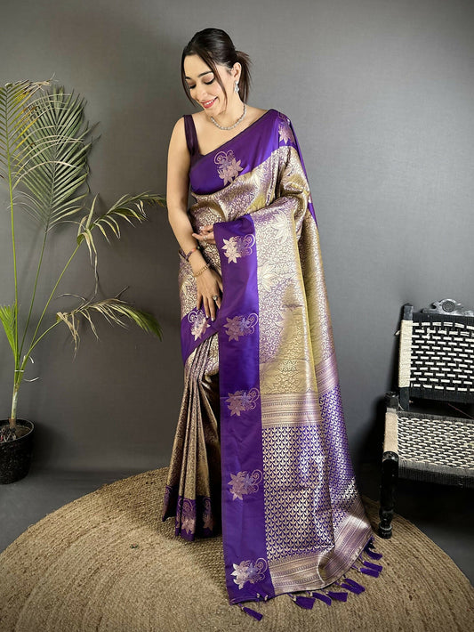 Joban Fashion Purple Intricate Zari Weaving Soft Silk Dharmavaram Saree