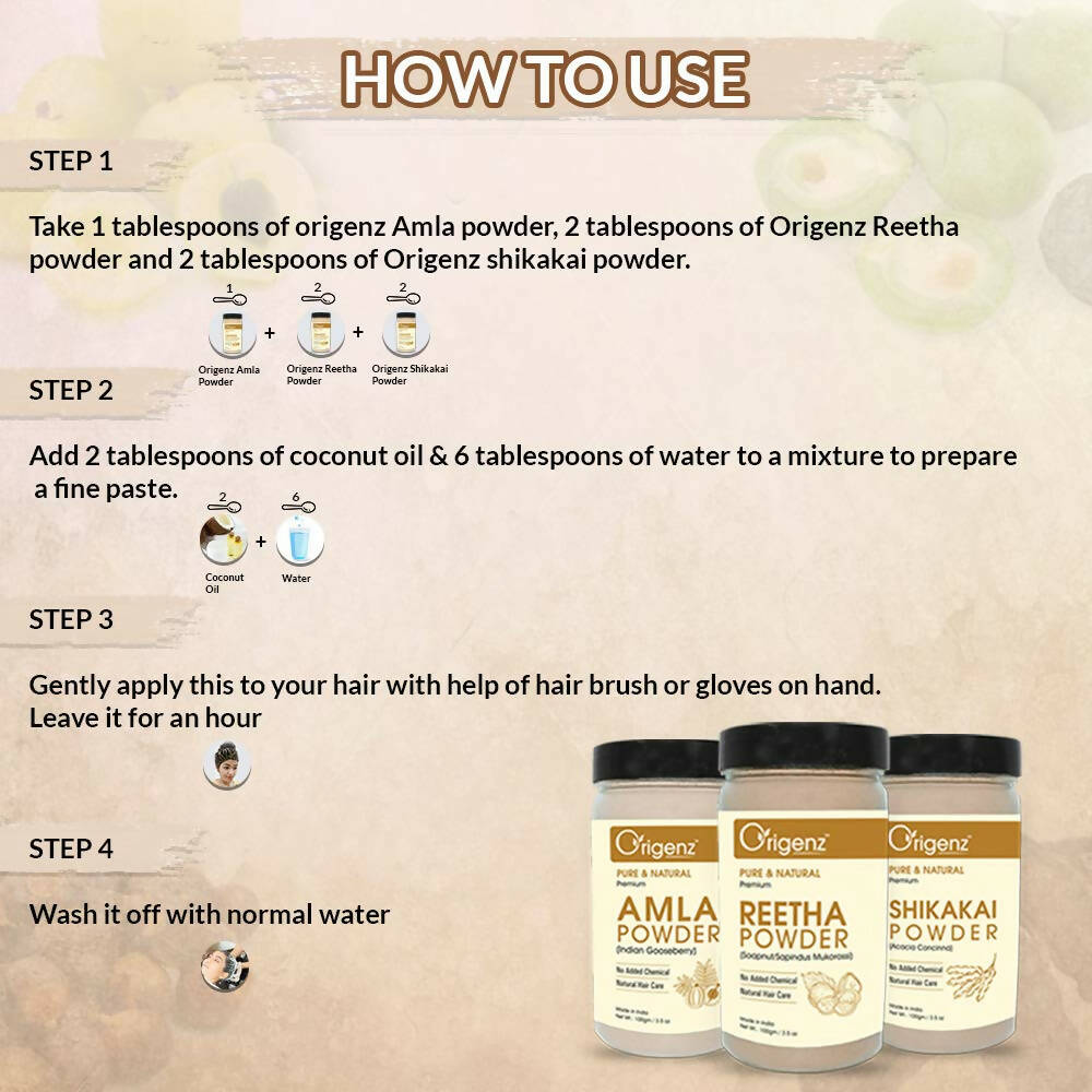 Origenz Premium Amla, Reetha, Shikakai Powder Combo For Hair Mask, Cleanser - Grab2buy