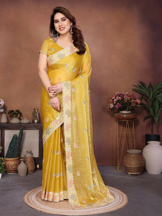 Teeya Creation New Womens Latest Party Wear Soft Chiffon Silk Saree-Yellow