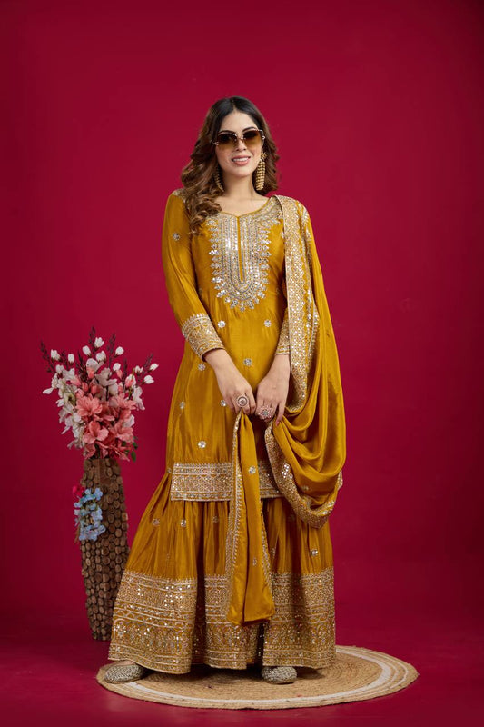 Lehenga Mart Chinnon Silk Embroidery Sequence Work Top-Palazzo And Dupatta Set
