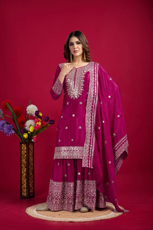Lehenga Mart Chinnon Silk Embroidery Sequence Work Top-Palazzo And Dupatta Set
