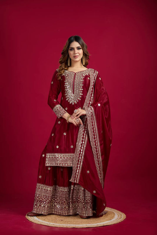 Lehenga Mart Chinon Silk Embroidery Sequence Work Top-Palazzo And Dupatta Set - Red