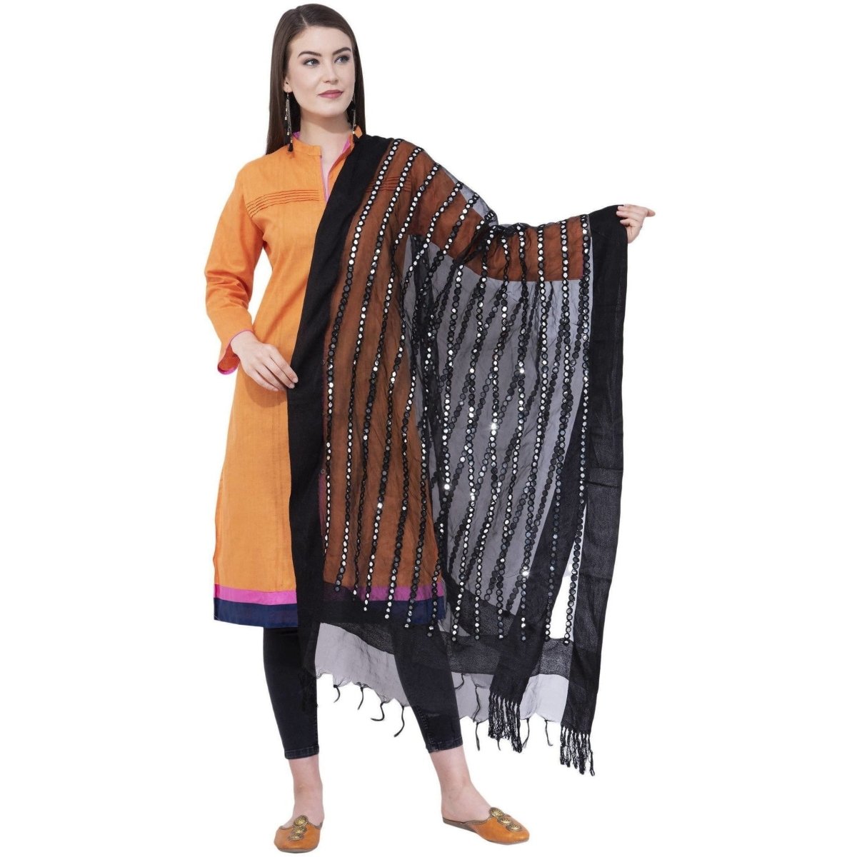 A R Silk Women's Mirror Work Orgenza Cotton Black Dupattas and Chunnis