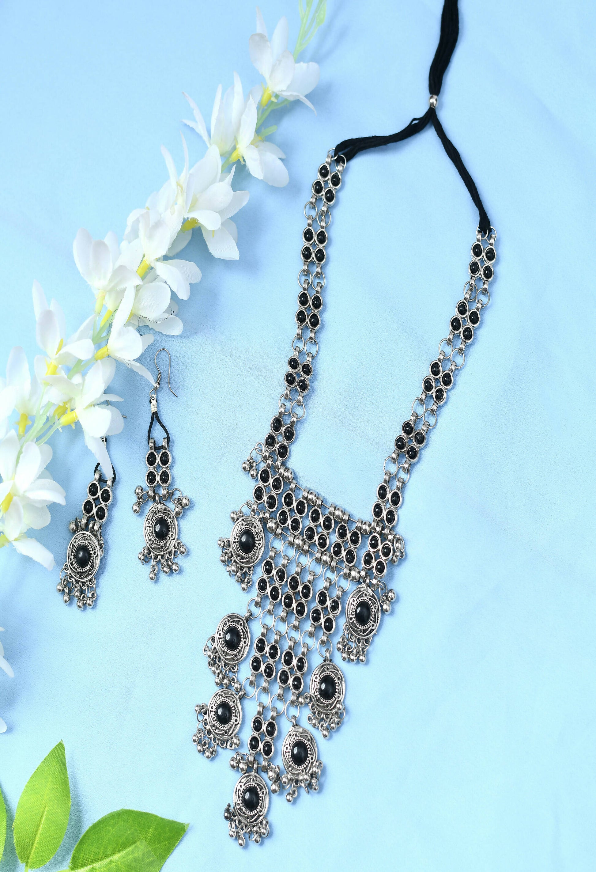 Mominos Fashion Johar Kamal Oxidised Silver-Plated Brass Finish Black Kundan Afghani Long Necklace For Women - Grab2buy