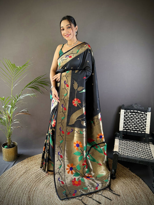 Joban Fashion Black Zari Woven Floral Motifs Soft Silk Paithani Silk Saree