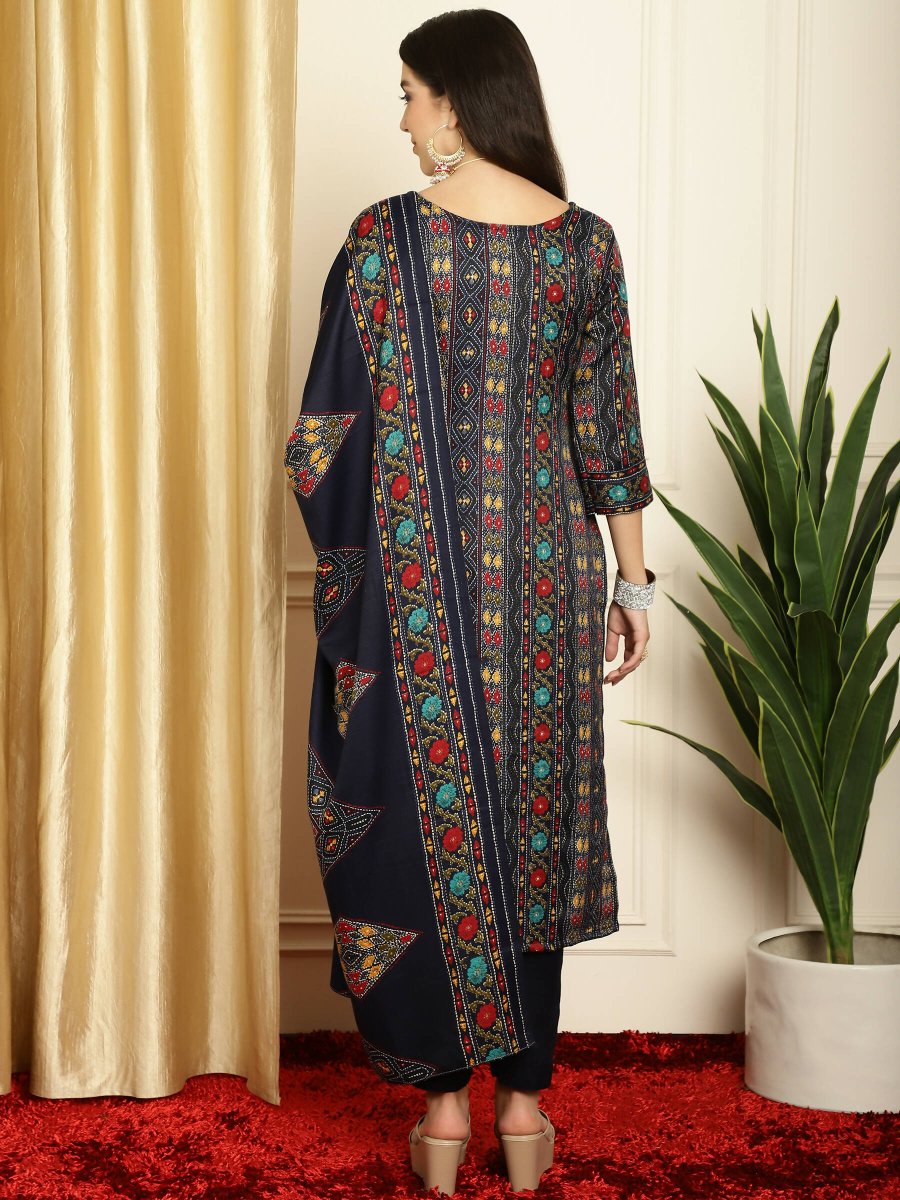 Aastha Fashion Women's Navy Blue Pashmina Floral Digital Printed Kurta with Trouser & Dupatta - Grab2buy