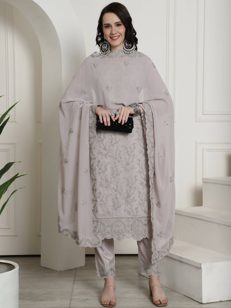 Aastha Fashion Women's Grey Georgette Floral Resham Thread with Cording & Crystal work Kurta with Trouser & Dupatta - Grab2buy