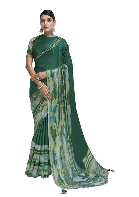 Green Satin Crepe Sequence & Lace Work Saree With Blouse Piece - Norita Avyaan