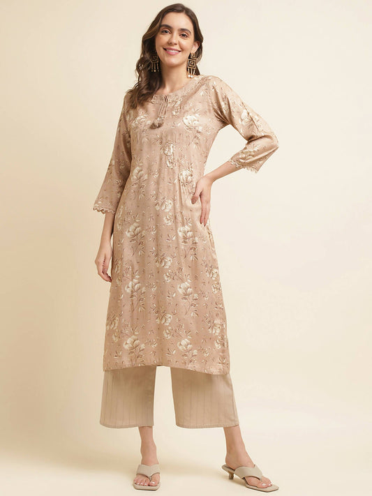 Beige Poly Rayon Floral Printed Straight Kurta - Prasuti