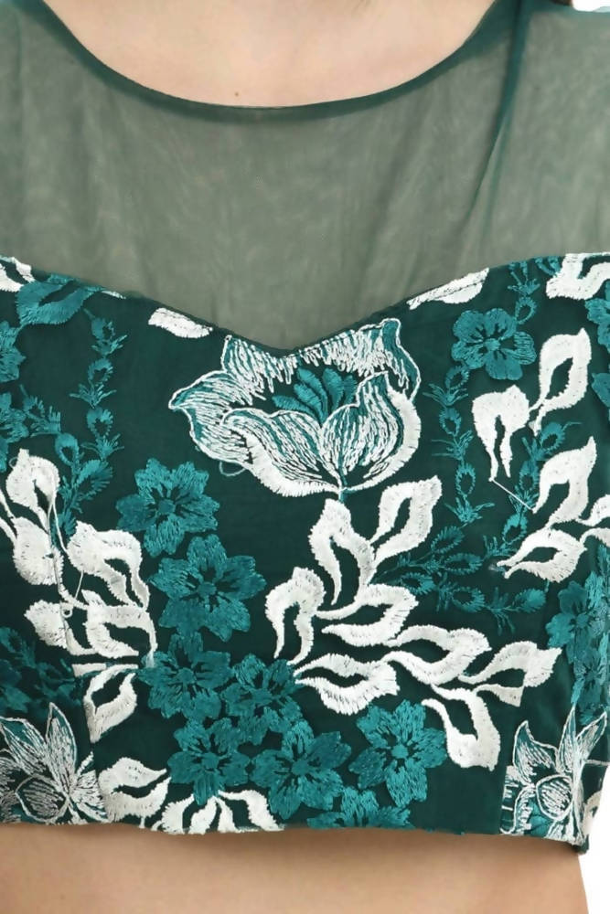 All Season Wear Bottle Green And White Thread Embroidered Ruffled