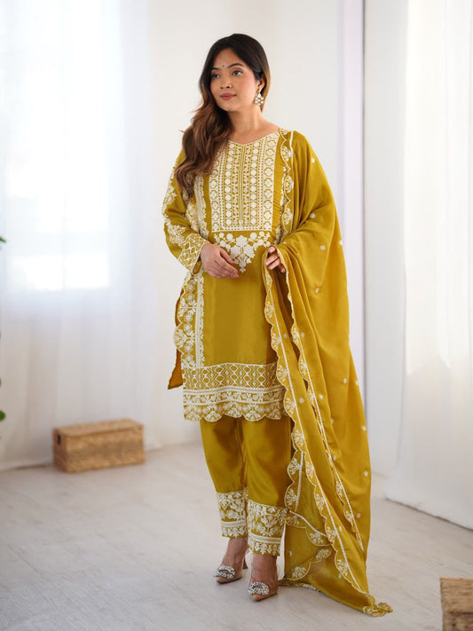 Prazu Fashion Yellow Chinon Silk Embroidered Salwar Suit