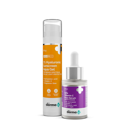 The Derma Co Radiance Combo - 10% Vitamin C Serum & 1% Hyaluronic Sunscreen Gel SPF 50 PA++++ Grab2Buy The Derma Co Grab2Buy
