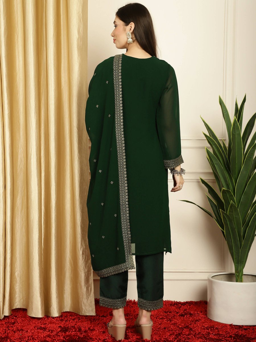 Aastha Fashion Women's Green Georgette Resham Thread & Sequin Kurta with Trouser & Dupatta - Grab2buy