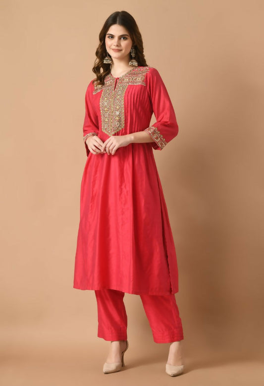 Joban Fashion Red Chanderi Kurta Set