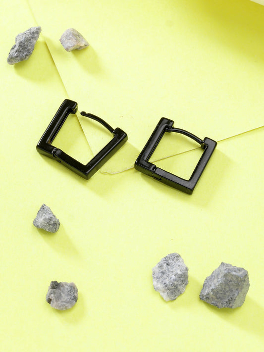 NVR Men's Black Rhodium-Plated Geometric Shape Stainless Steel Hoop Earrings - NR Retail-NVR