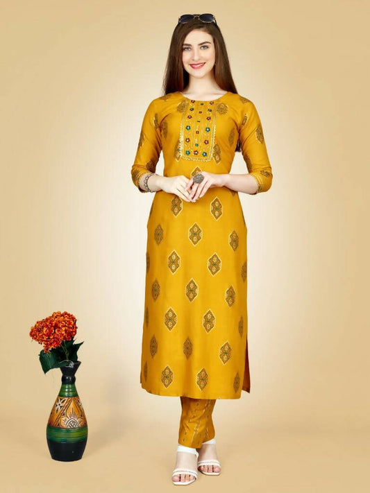 Aastha Fashion Women's Yellow Viscose Rayon Embroidered Kurta Pant Set - Grab2buy