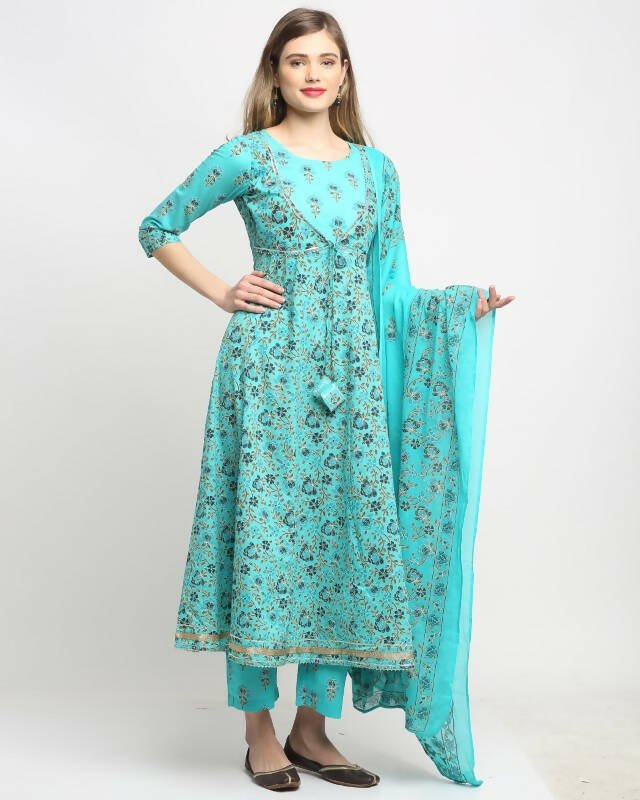 Aastha Fashion Women's Sky Blue Cotton Floral Printed Kurta with Trouser & Dupatta - Grab2buy