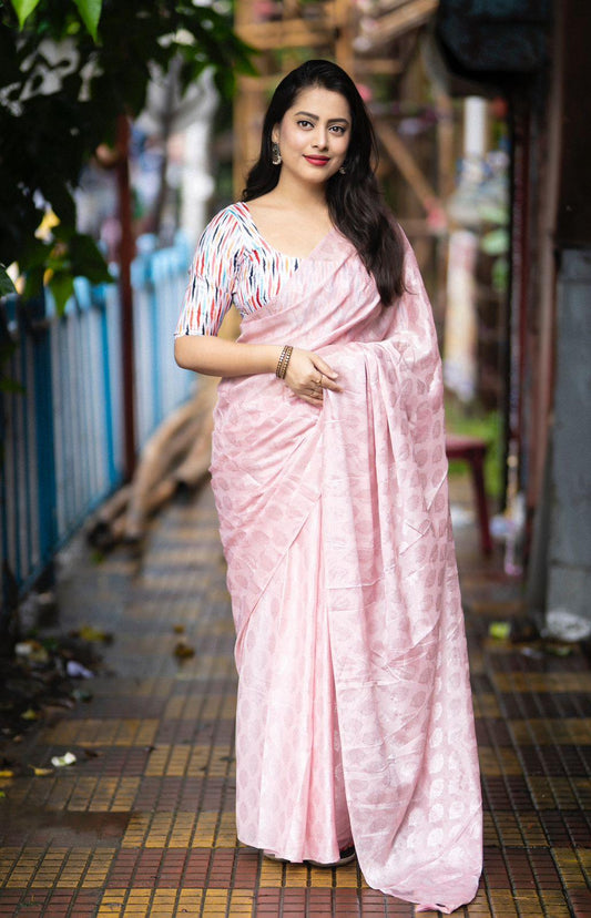 Pink Poly Crepe Ethnic Motifs Saree with Unstitched Blouse - A2M