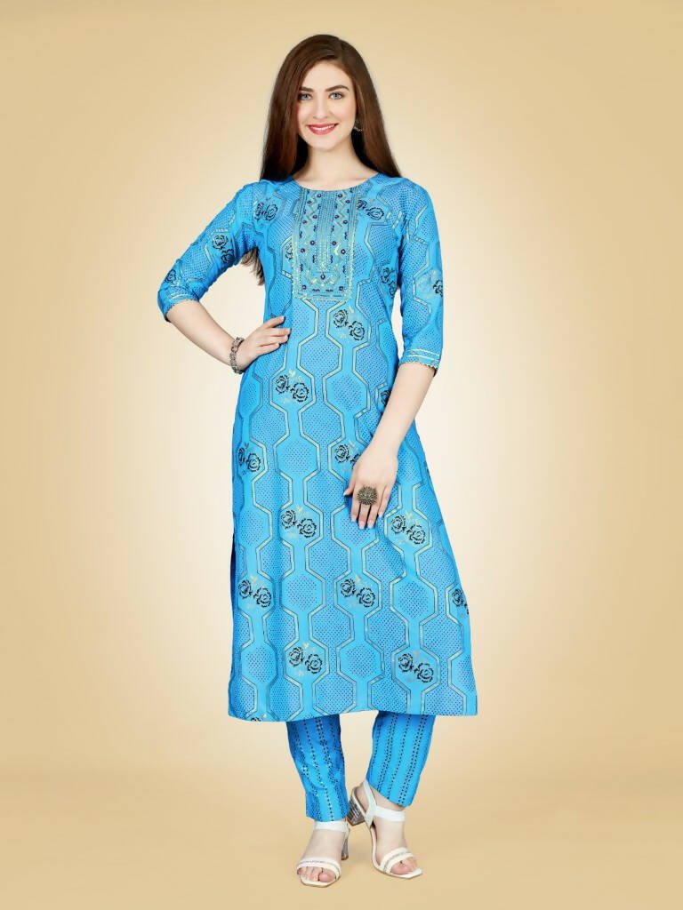 Aastha Fashion Women's Sky Blue Viscose Rayon Embroidered Kurta Pant Set - Grab2buy