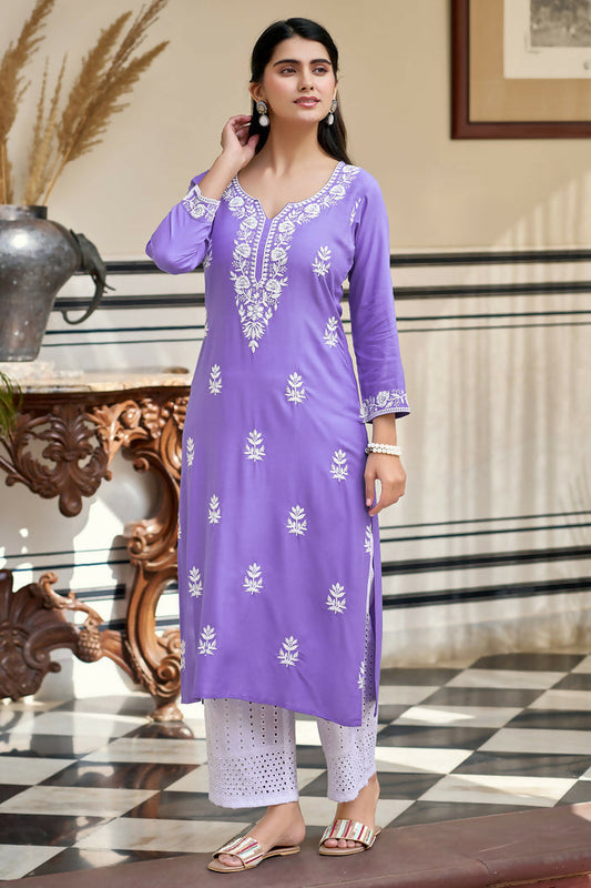 The52 Lavender Women's Gorgeous Chikankari work Pure Rayon Fabric Straight Kurta, Pant Set | Grab2Buy