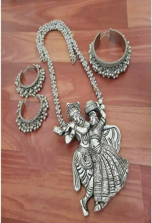 Mominos Fashion Johar Kamal Silver-Plated Brass Finish Radha Kishan Long Neckalce Combo Set For Women - Grab2buy