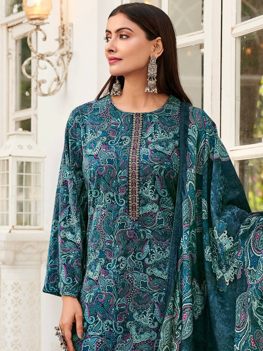 Aastha Fashion Women's Navy Blue Velvet Digital Print with Resham Thread work Kurta with Trouser & Dupatta - Grab2buy