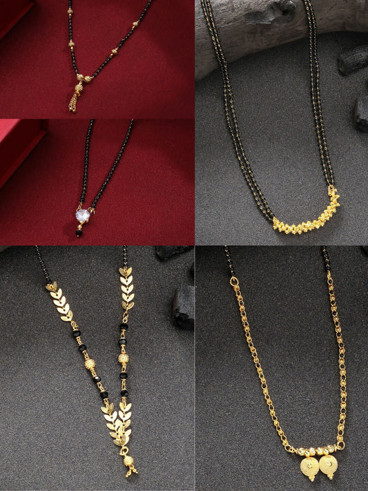 NVR Women's Set of 5 Gold-Polished Black Beaded Mangalsutra