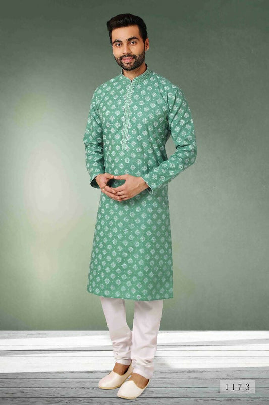 Raivat Ethnic Cotton Printed Work Kurta Pajama In Green Colour