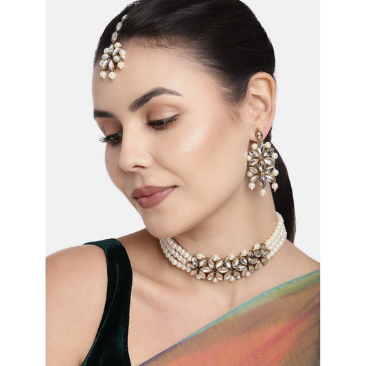 Gold-Polished Kundan & Pearl Beaded Choker Set for Women/Girls - Wahe Jewels Noz2Toz