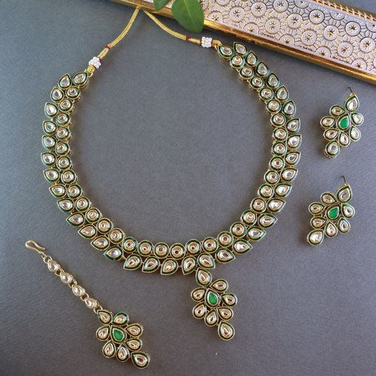 Gold-Polished Traditional Green Meenakari Handcrafted Kundan Necklace With Dangle Earrings & Maang Tikka Jewellery Set For Women/Girls - Wahe Jewels Noz2Toz
