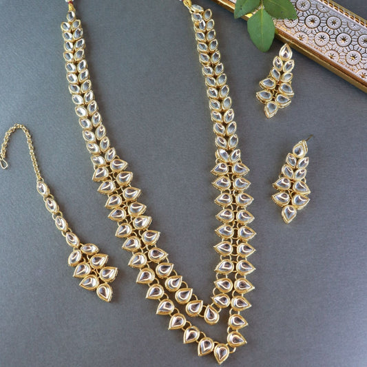 Gold-Polished Traditional Kundan Necklace Jewellery Set with Earrings & Maang Tikka for Women - Wahe Jewels | Grab2Buy