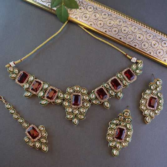 Gold-Polished Traditional Kundan & Stone Studded Choker Necklace Jewellery with Earrings & Maang Tikka Set for Women - Wahe Jewels | Grab2Buy