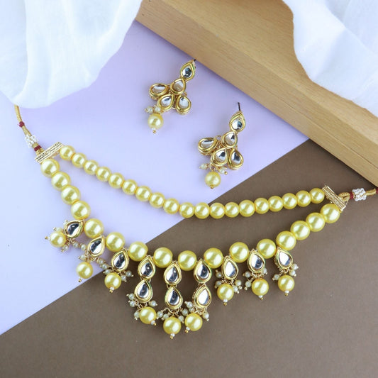 Gold-Polished Traditional Kundan & Pearls Choker Necklace Jewellery Set with Earrings for Women and Girls - Wahe Jewels | Grab2Buy