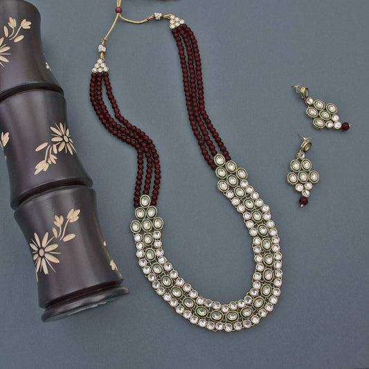 Gold-Polished Traditional Stunning Maroon Meenakari Kundan Studded Pearl Necklace Jewellery Set with Earrings For Women and Girls - Wahe Jewels Noz2Toz