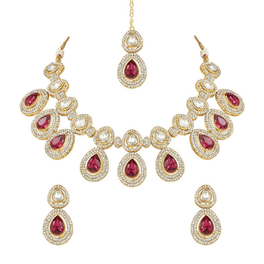 Gold-Polished Traditional Kundan & Stone Studded Choker Necklace Jewellery Set with Earrings & Maang Tikka for Women And Girls - Wahe Jewels Noz2Toz