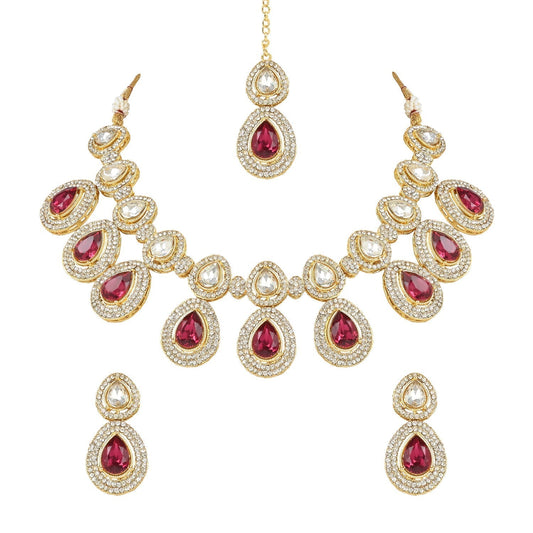 Gold-Polished Traditional Kundan & Stone Studded Choker Necklace Jewellery Set with Earrings & Maang Tikka for Women And Girls - Wahe Jewels | Grab2Buy