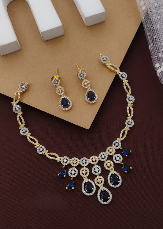Royal Blue Partywear American Diamond Gold-Polished Necklace Set By House of Ree | Grab2Buy