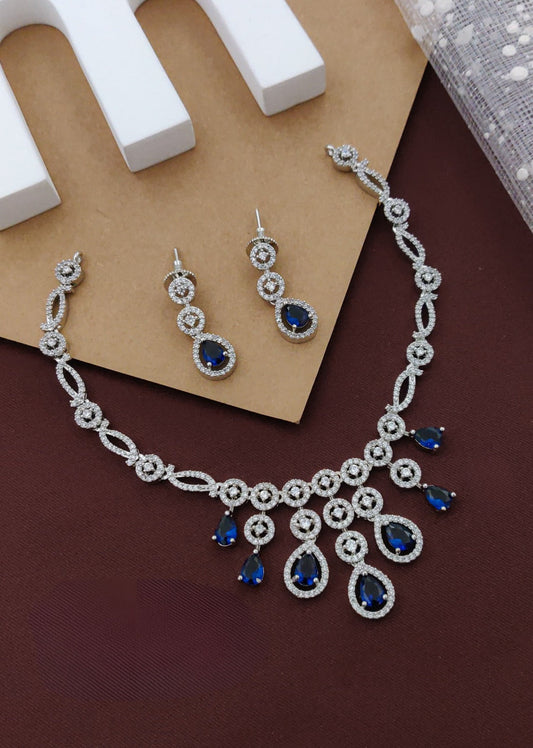 Royal Blue Partywear American Diamond Rhodium Plated Necklace Set By House of Ree