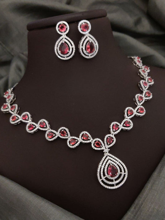 Red Partywear American Diamond Necklace Set By House of Ree