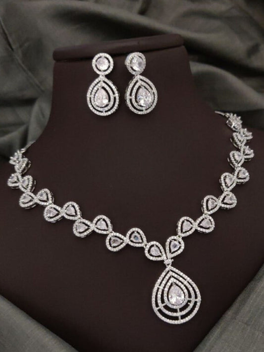 Silver Partywear American Diamond Necklace Set By House of Ree House of Ree