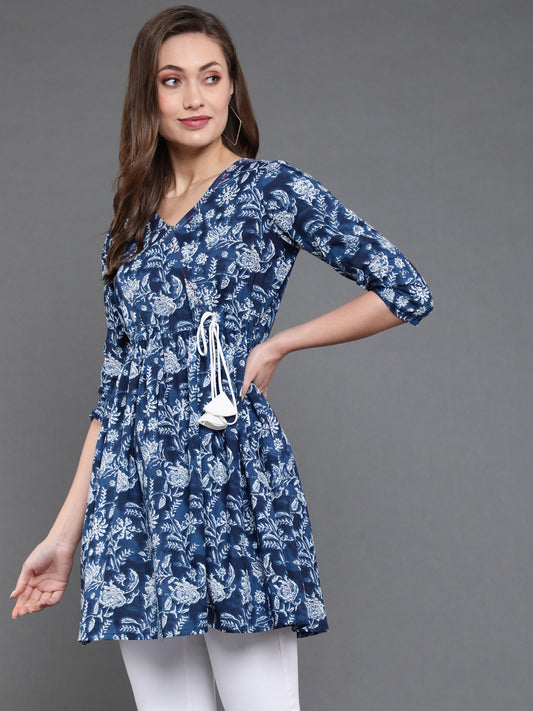 Antaran Blue Pure Cotton Flared Hand Embroidered Tunic