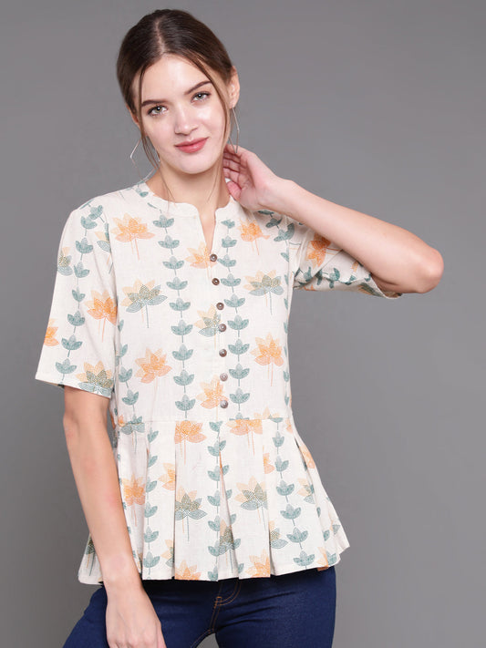 Antaran Off White Cotton Printed Cotton Flex Tunic With Box Pleat