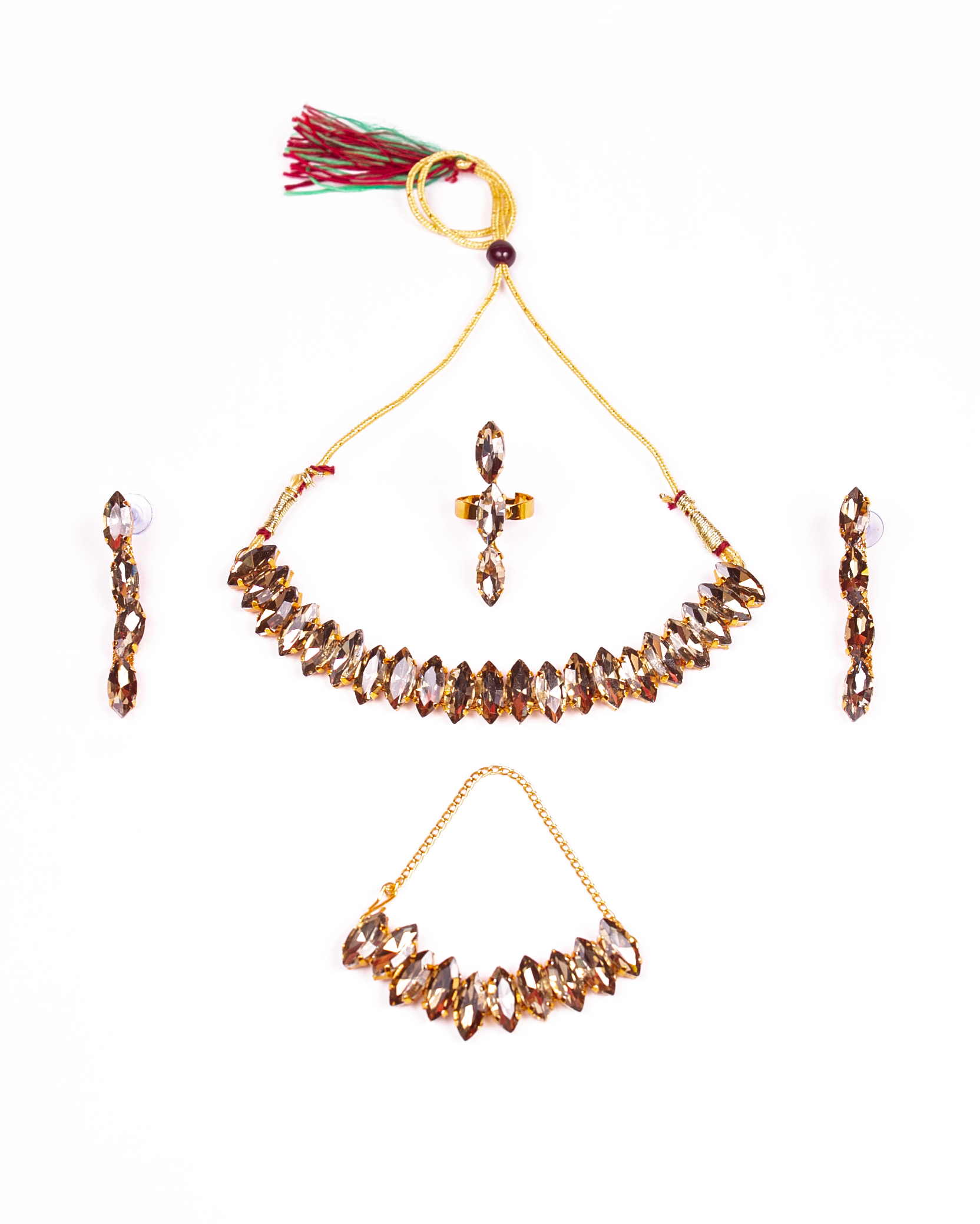 Gold-Plated Alloy Rhinestones Studded Single Line Necklace Set - The Pari - Grab2buy