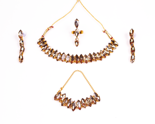 Gold-Plated Alloy Rhinestones Studded Single Line Necklace Set - The Pari - Grab2buy