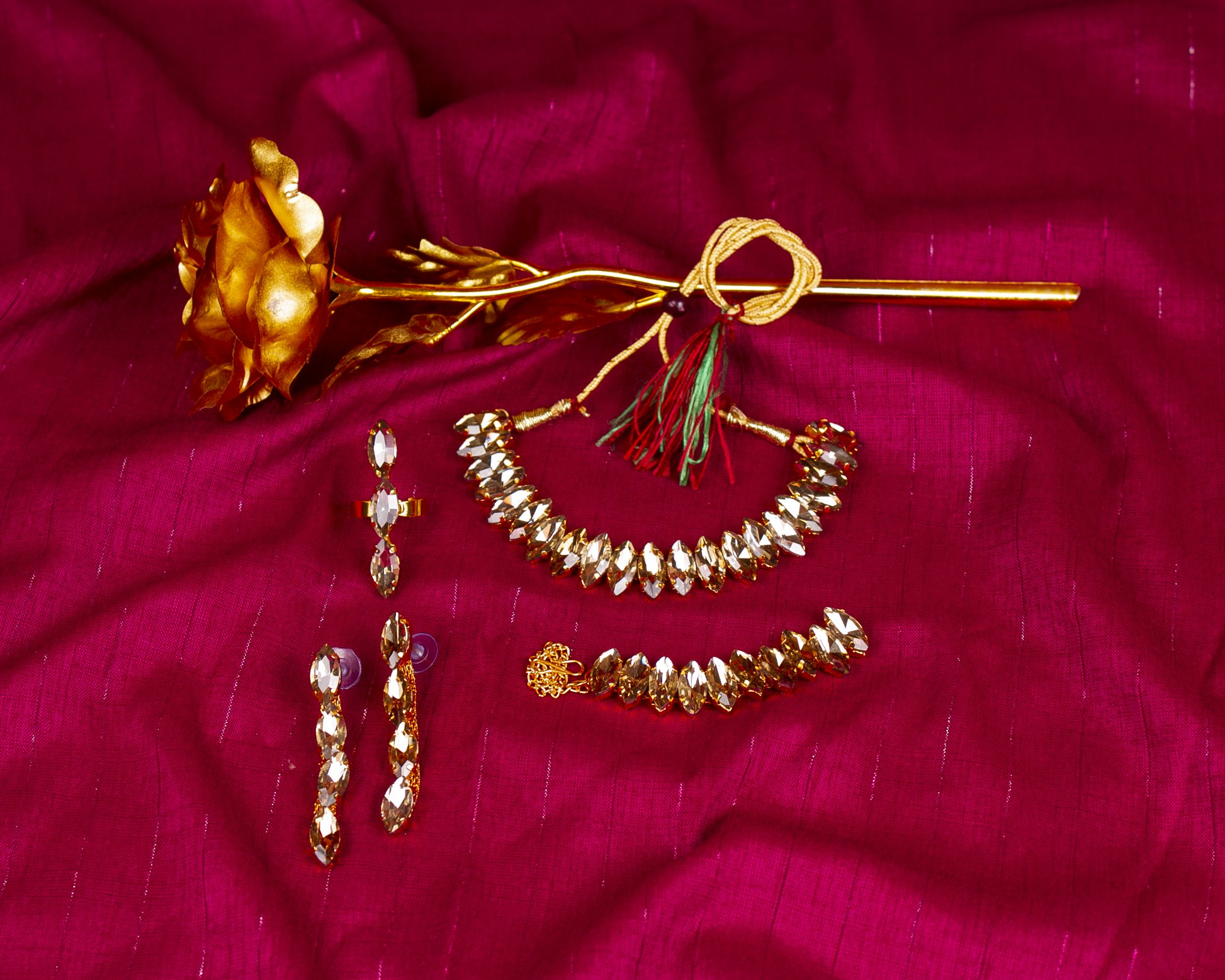 Gold-Plated Alloy Rhinestones Studded Single Line Necklace Set - The Pari - Grab2buy